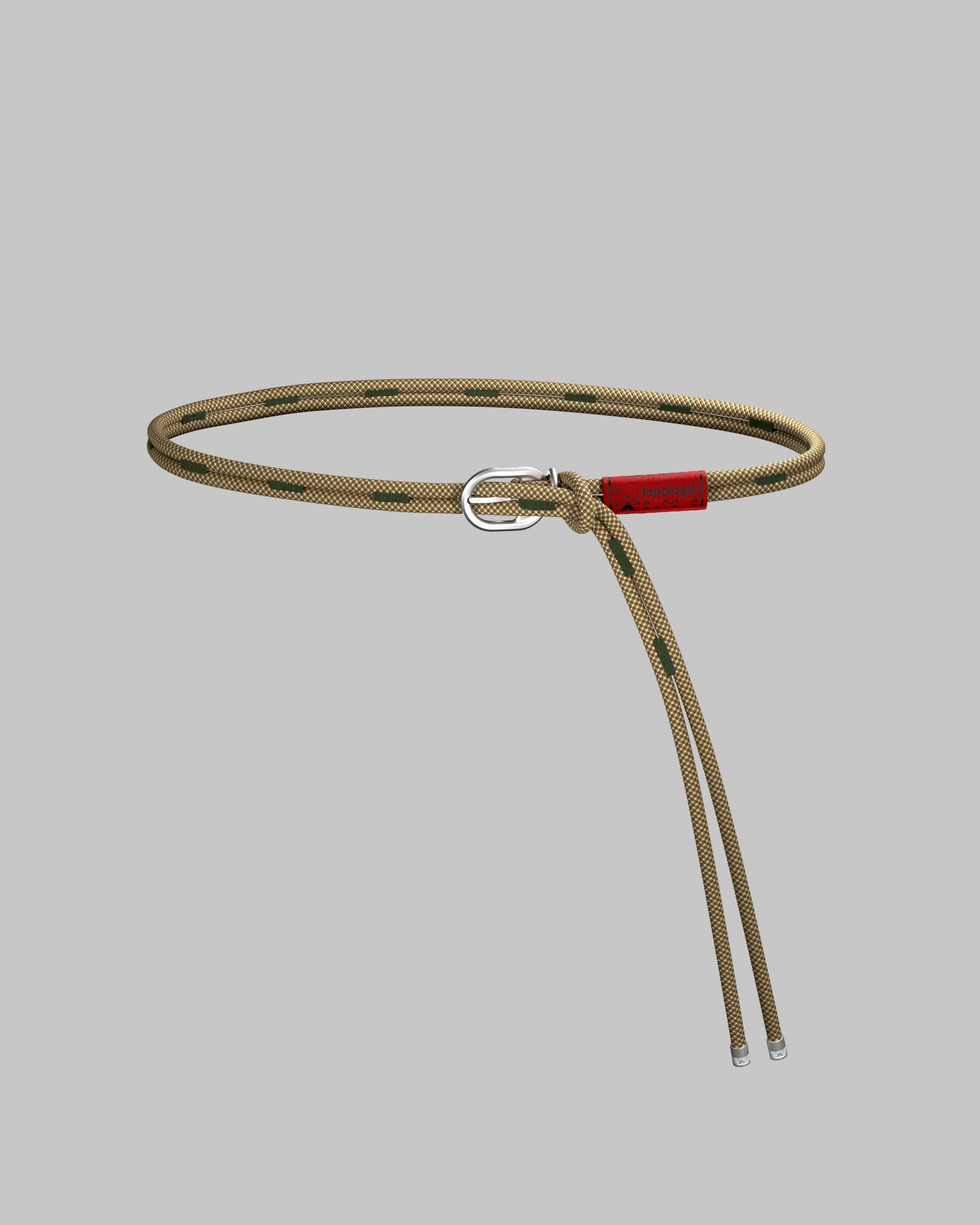 Rope Belt in khaki and cream checkered rope with dark green dashes, a red topologie tag, and a silver metal buckle, shown against a light grey background.

